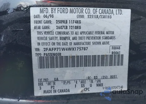 1998 Ford Crown Victoria Police Interceptor из США, поврежденный, VIN 2FAFP71W4WX175787